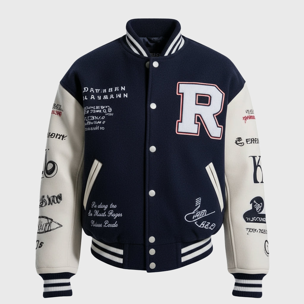 Embroidered Letterman Varsity Jacket With Bold Letter R Design