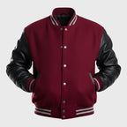 Maroon Varsity Jacket With Black Leather Sleeves