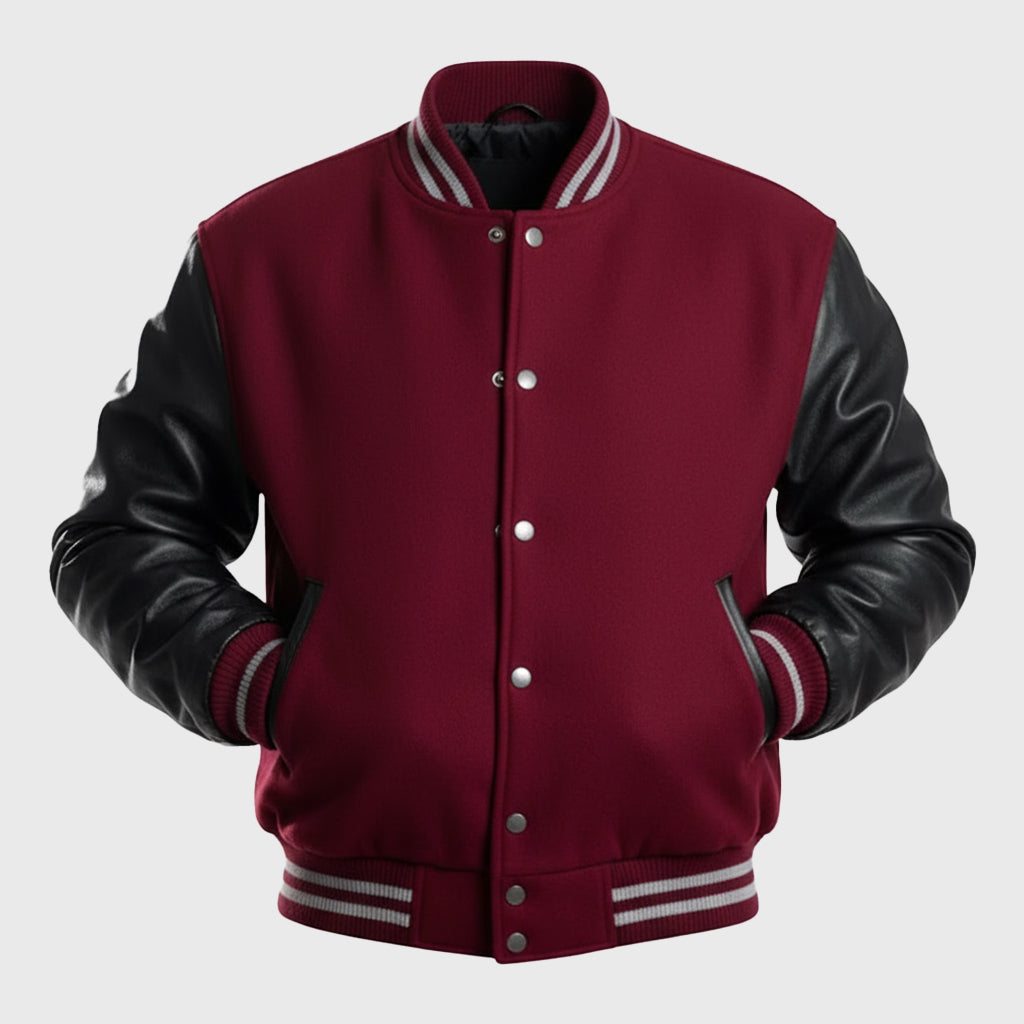 Maroon Varsity Jacket With Black Leather Sleeves