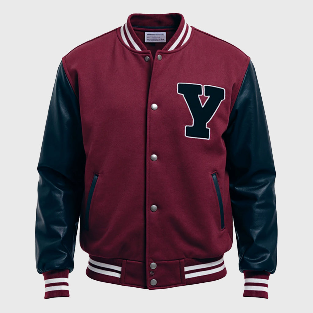 Maroon Hooded Varsity Jacket With Black Leather Sleeves
