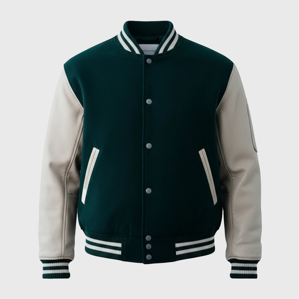 Green Tide Varsity Jacket With Beige Sleeves