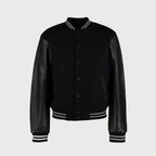 Black Bomber Style Rib Knitted Leather Jacket