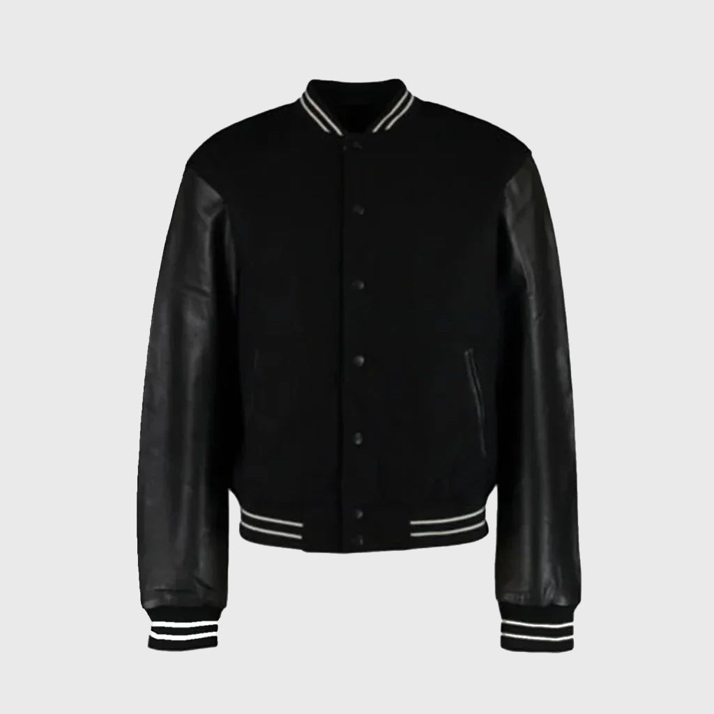 Black Bomber Style Rib Knitted Leather Jacket