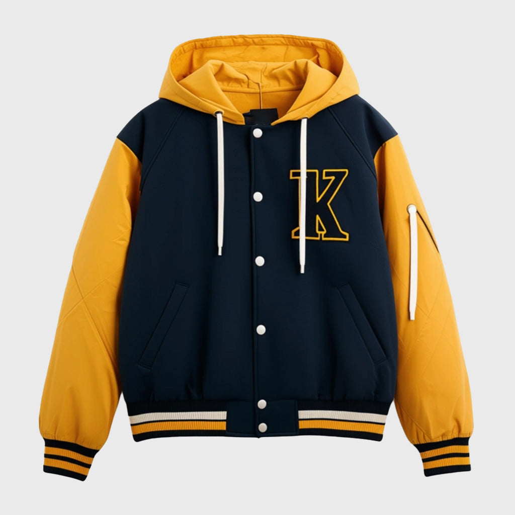 Black and Yellow Varsity Jacket with Detachable Hood