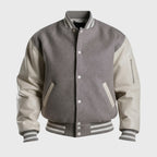Gray Wool Varsity Jacket With White Leather Sleeves
