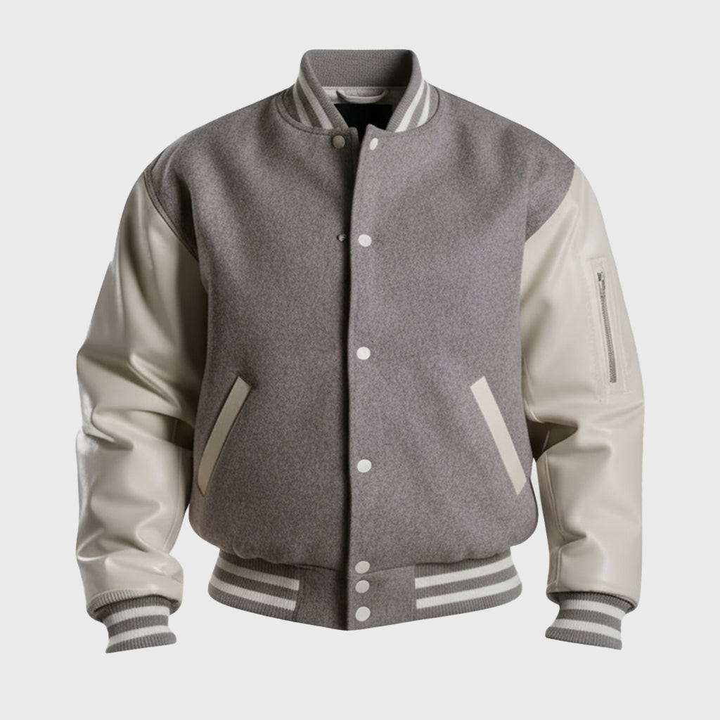Gray Wool Varsity Jacket With White Leather Sleeves