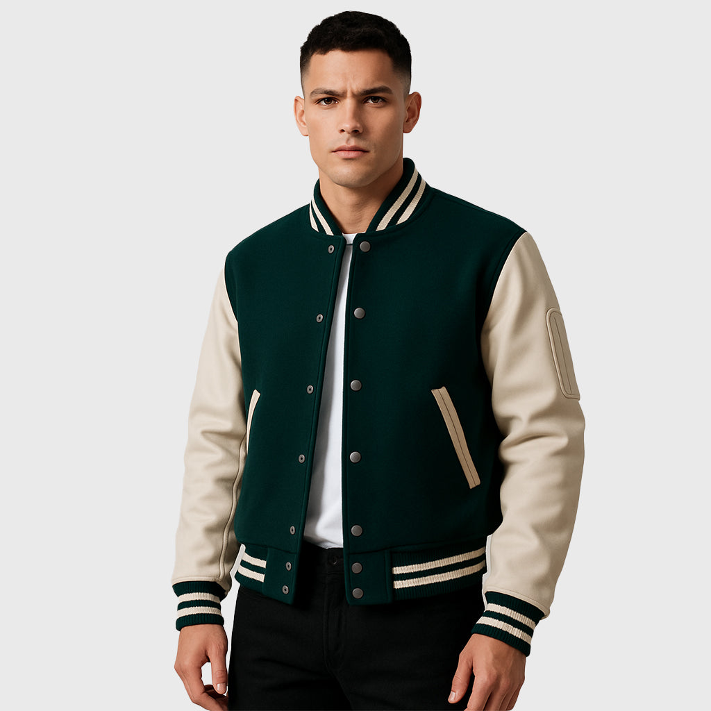 Green Tide Varsity Jacket With Beige Sleeves