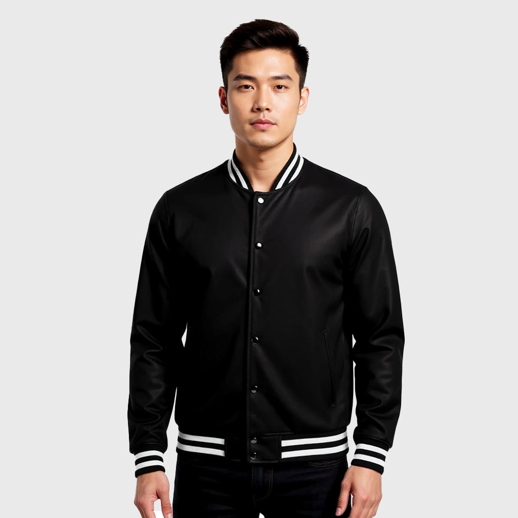 Black Bomber Style Rib Knitted Varsity Jacket