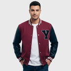 Maroon Hooded Varsity Jacket With Black Leather Sleeves