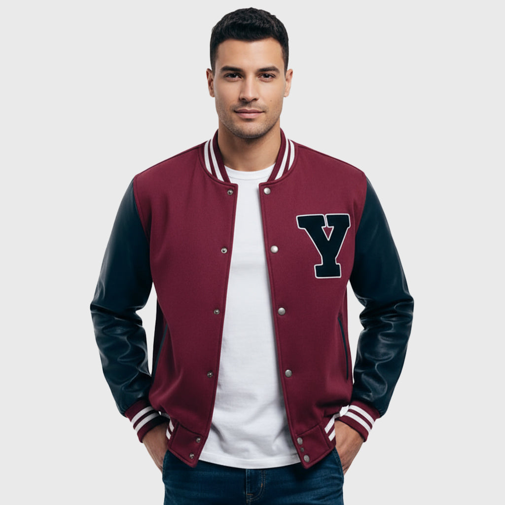 Maroon Hooded Varsity Jacket With Black Leather Sleeves