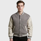 Gray Wool Varsity Jacket With White Leather Sleeves