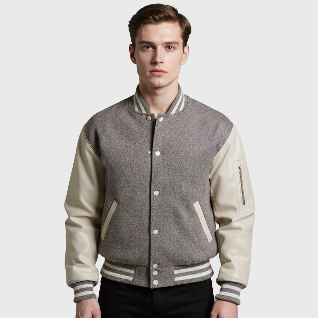 Gray Wool Varsity Jacket With White Leather Sleeves