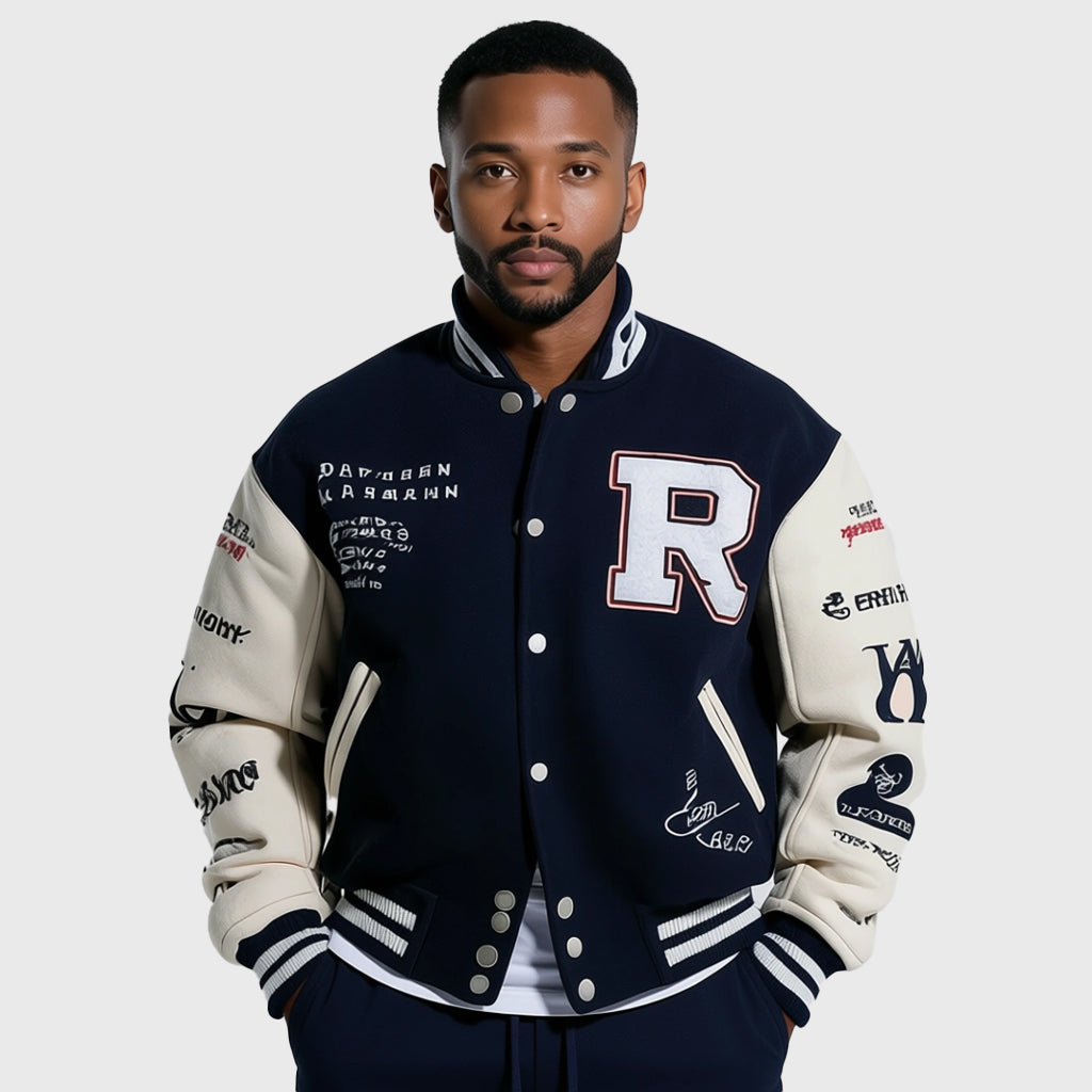 Embroidered Letterman Varsity Jacket With Bold Letter R Design