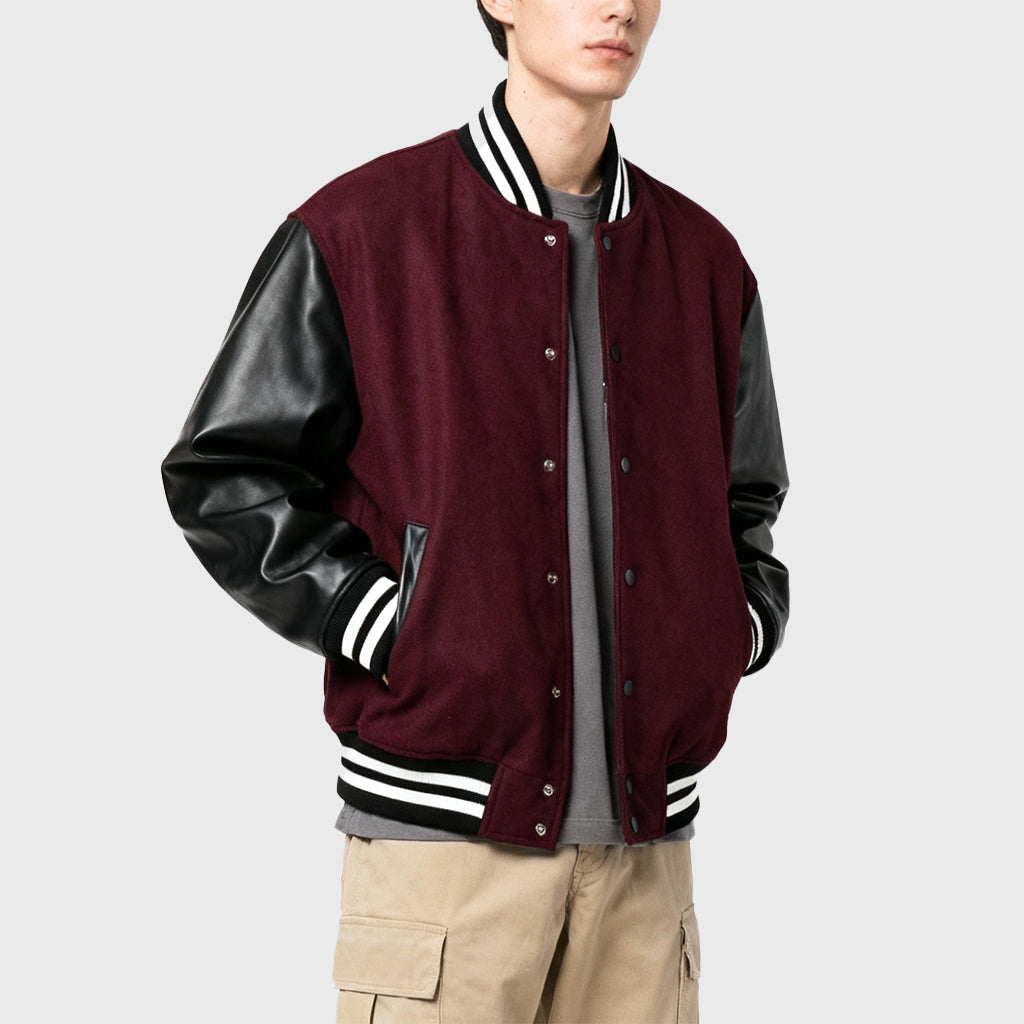 Maroon Varsity Jacket With Black Leather Sleeves