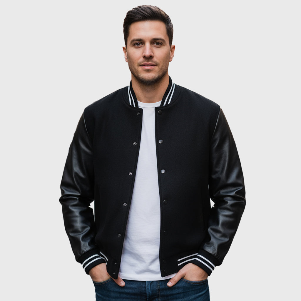 Black Bomber Style Rib Knitted Leather Jacket
