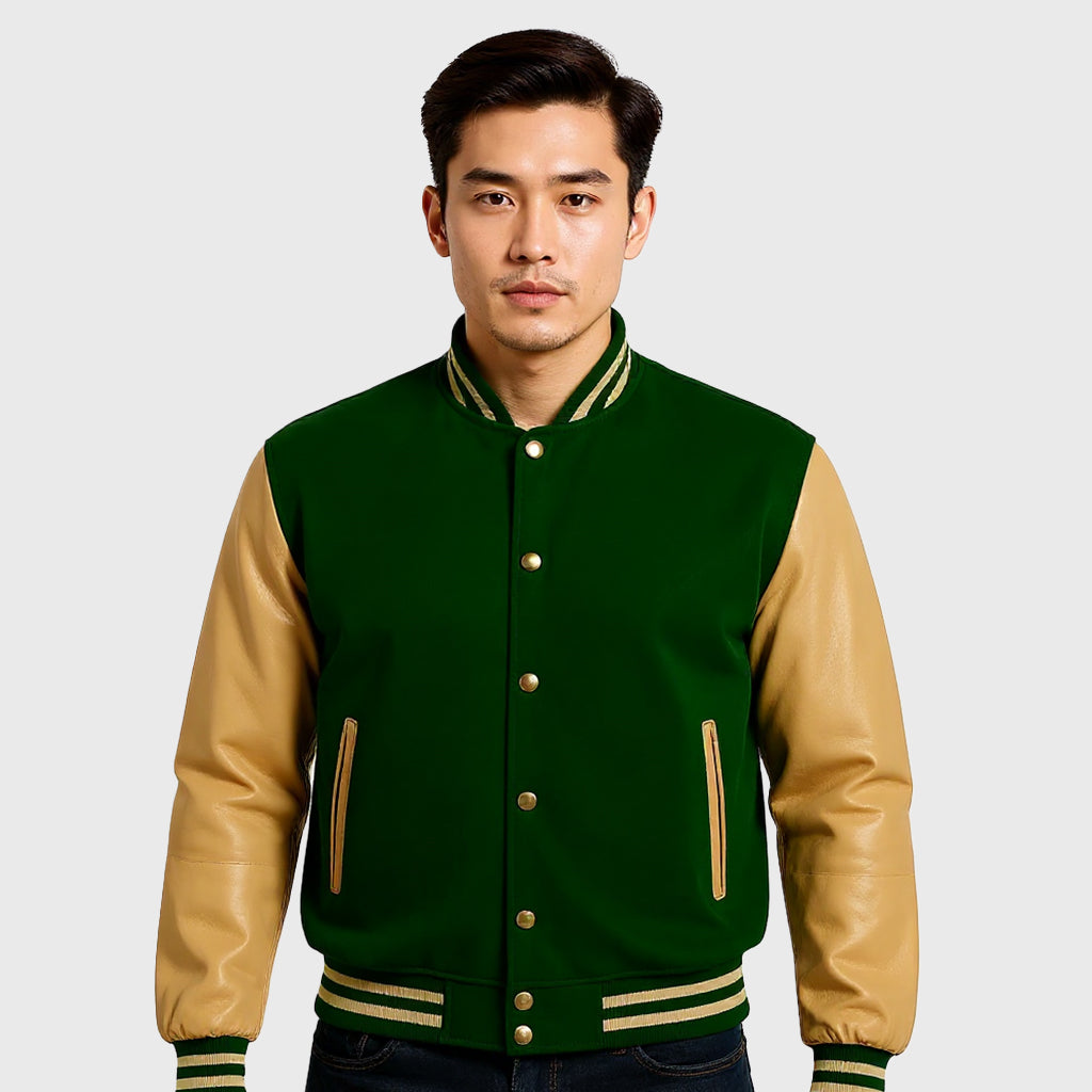 Green Rib Knitted Varsity Bomber Jacket