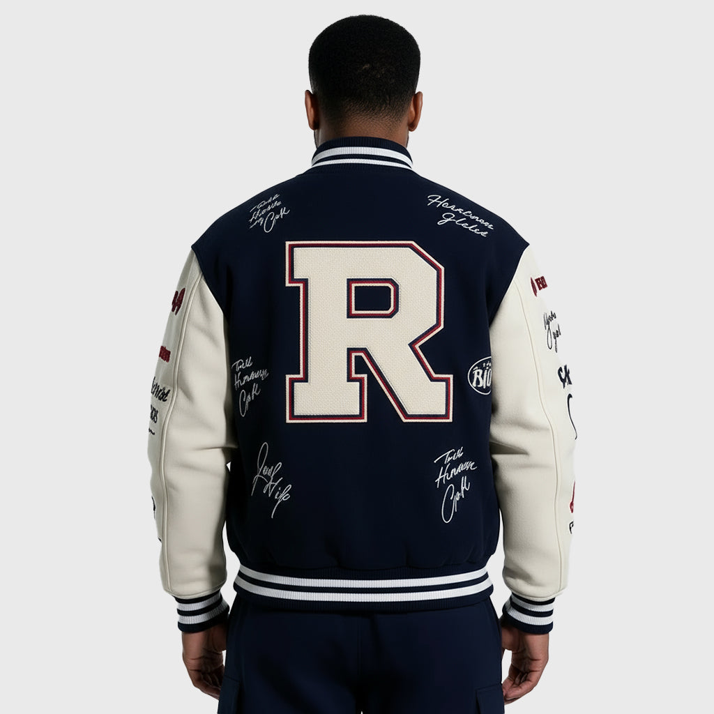 Embroidered Letterman Varsity Jacket With Bold Letter R Design