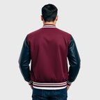 Maroon Hooded Varsity Jacket With Black Leather Sleeves