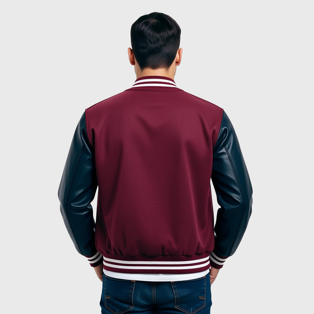 Maroon Hooded Varsity Jacket With Black Leather Sleeves