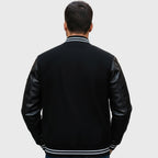 Black Bomber Style Rib Knitted Leather Jacket