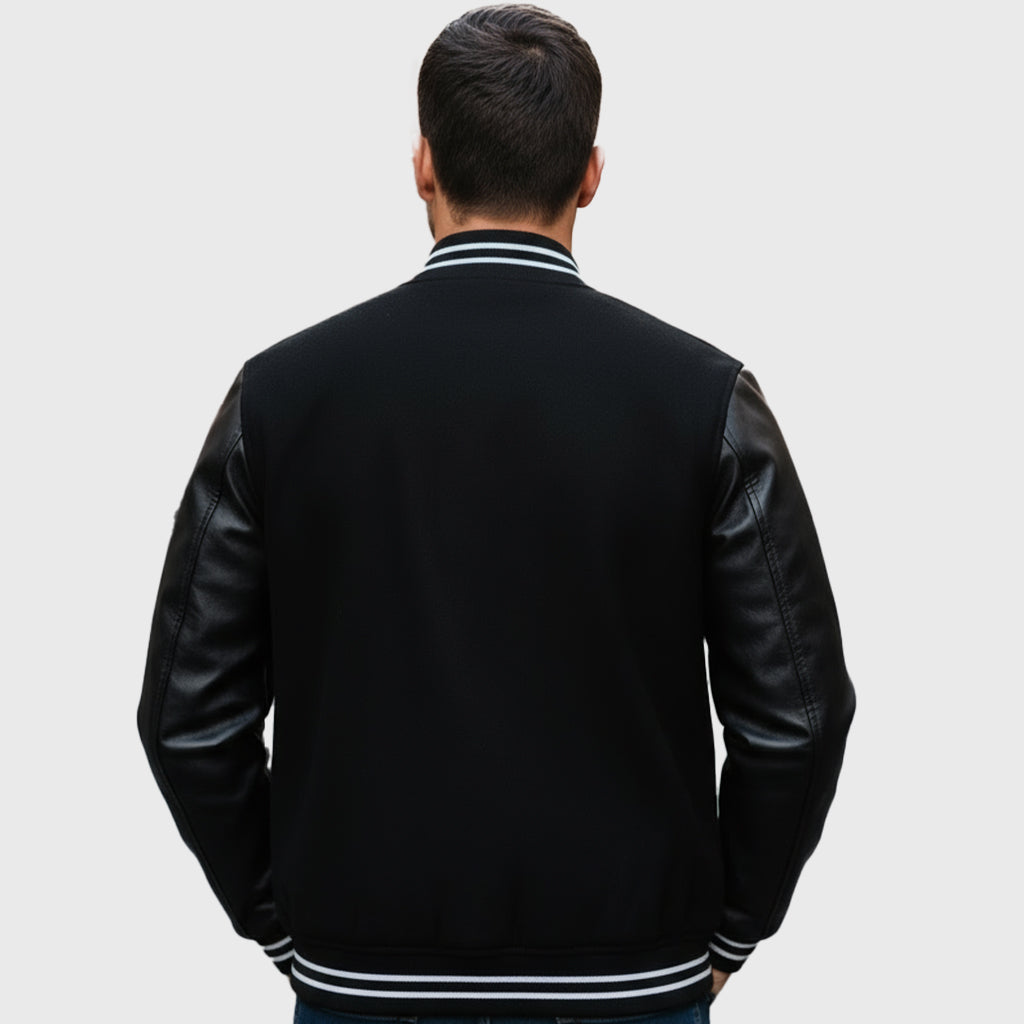 Black Bomber Style Rib Knitted Leather Jacket
