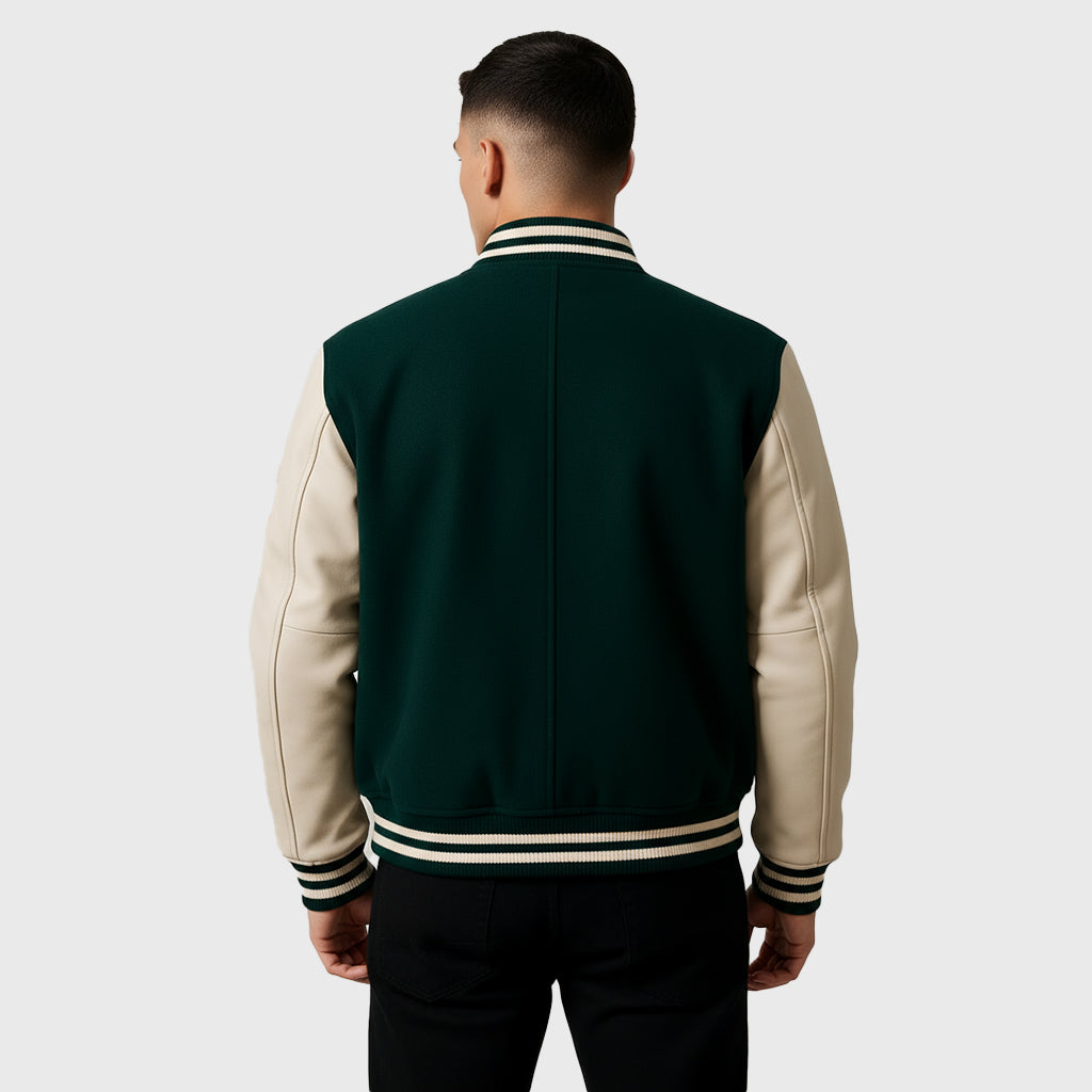 Green Tide Varsity Jacket With Beige Sleeves