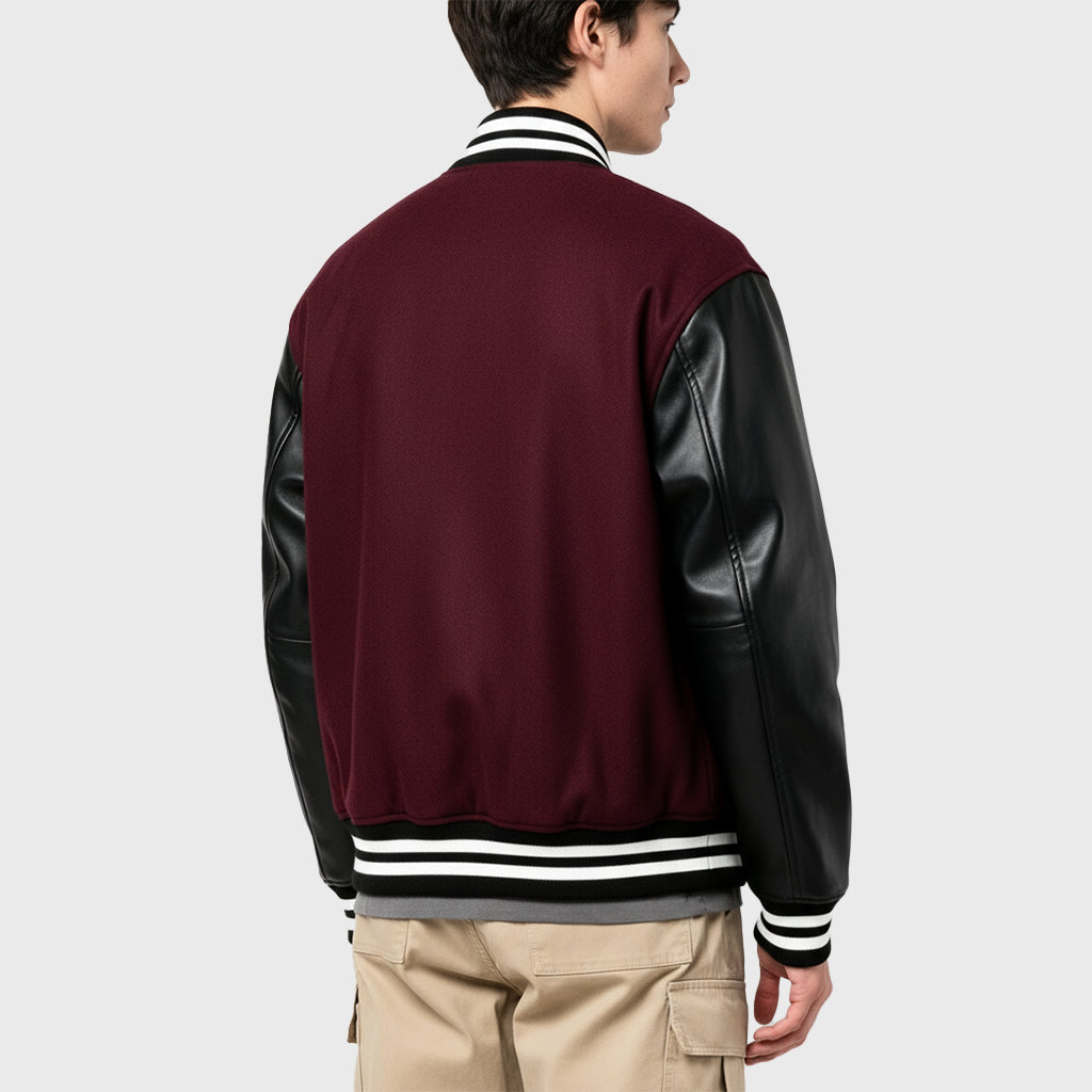 Maroon Varsity Jacket With Black Leather Sleeves
