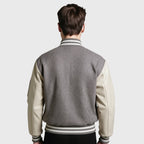 Gray Wool Varsity Jacket With White Leather Sleeves