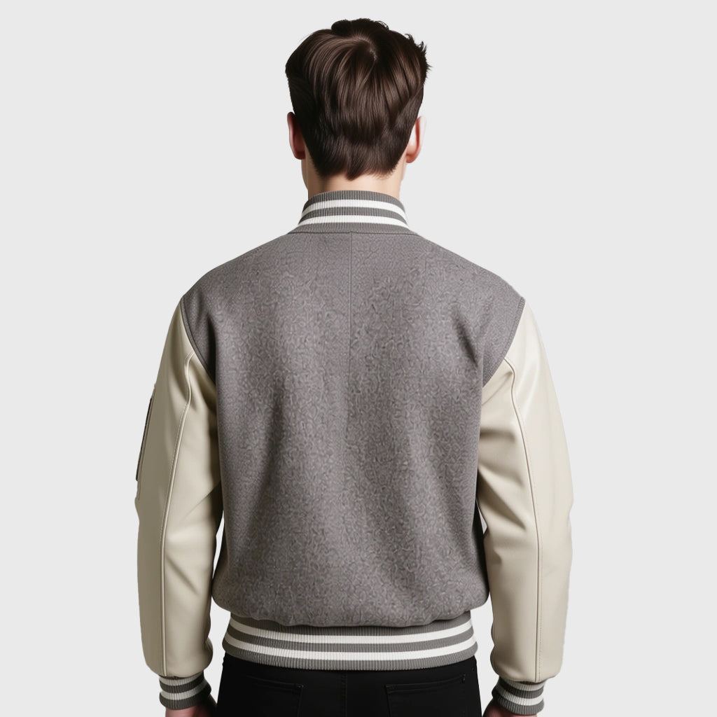 Gray Wool Varsity Jacket With White Leather Sleeves