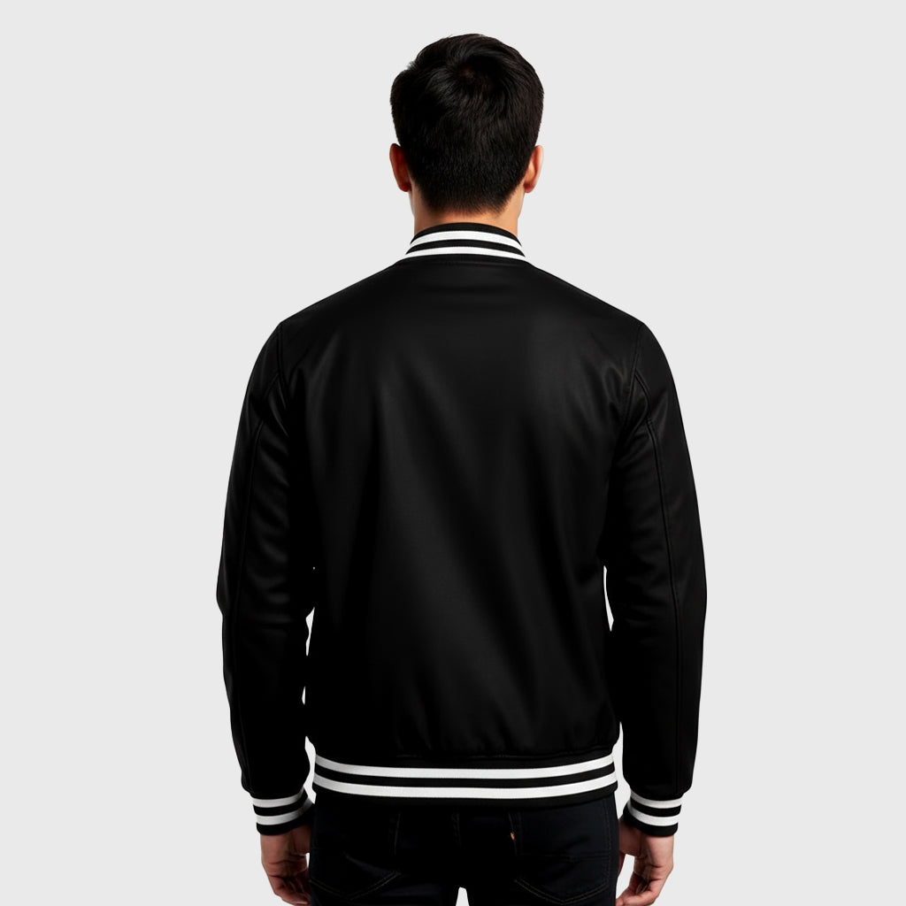 Black Bomber Style Rib Knitted Varsity Jacket