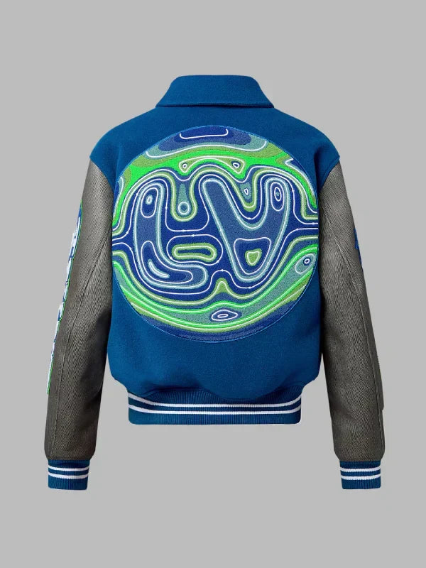 LV Embroidered Varsity Blouson Jacket Grey and Blue