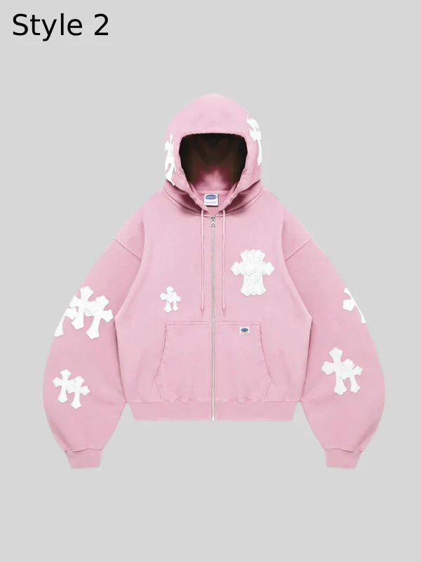Pink Cross Zipper Hoodie