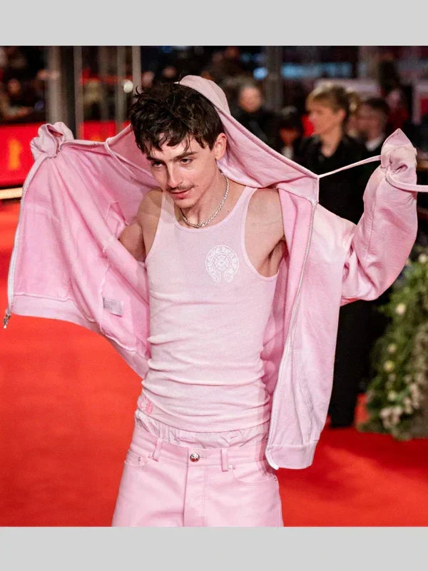 Timothee Chalamet Pink Chrome Hearts Zip-Up Hoodie